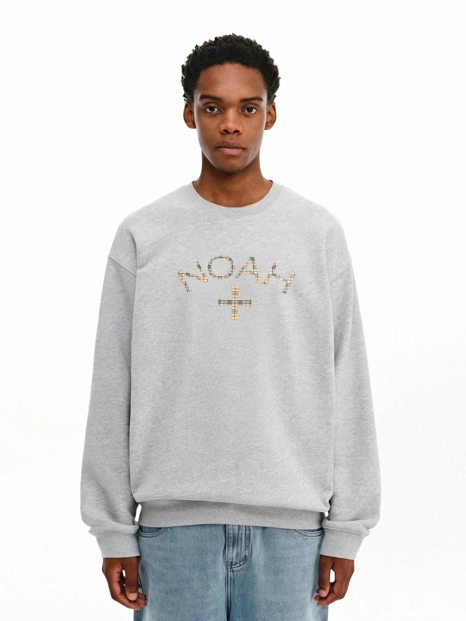 NOAH MARS Men Heavyweight Crew Sweatshirt Plaid Cross Thread Splicing