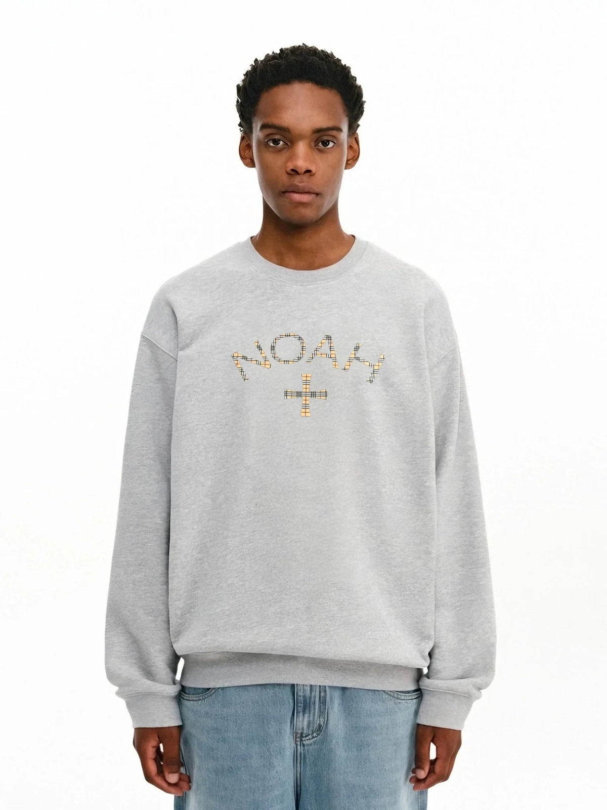 NOAH MARS Men Heavyweight Crew Sweatshirt Plaid Cross Thread Splicing