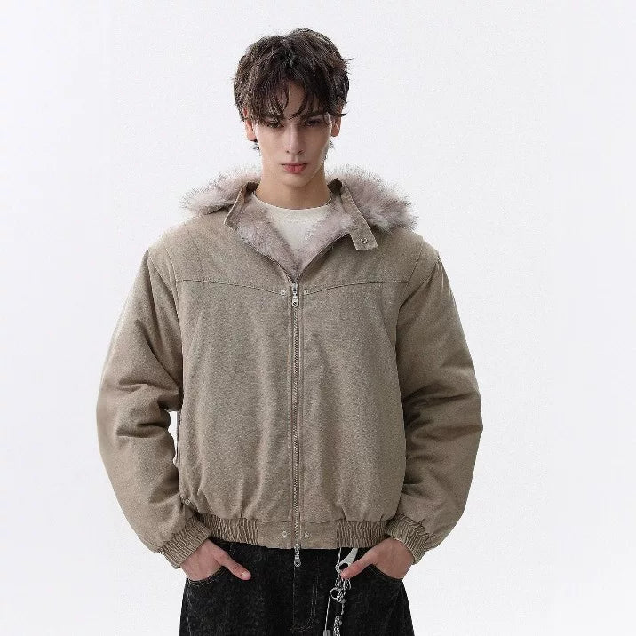 NOAH MARS Detachable Hood Fur Collar Mountain Print Loose Winter Cotton Jacket Men