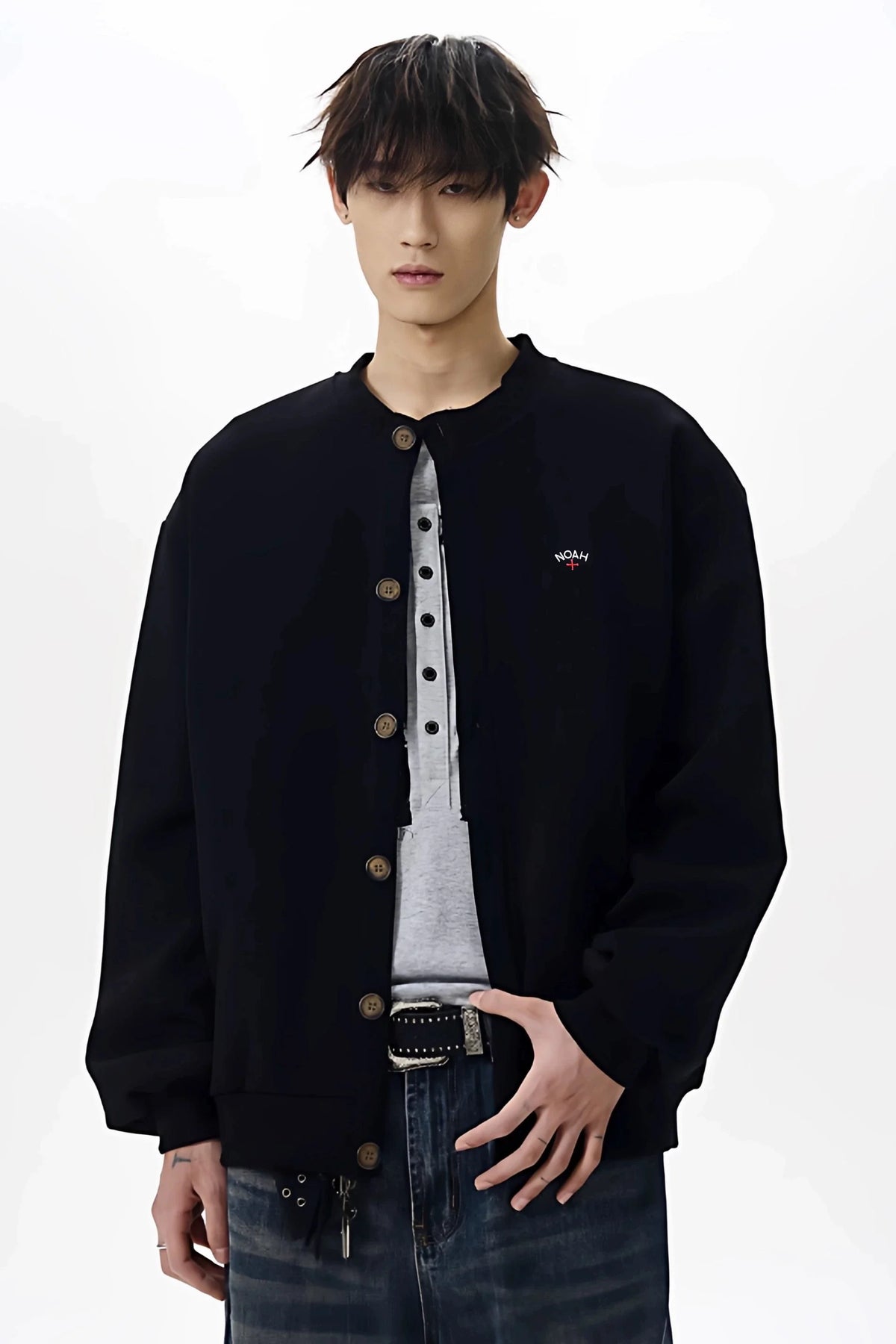 NOAH MARS Men Oversized Zip Cardigan Sweatshirt Chest Cross Embroidery Logo