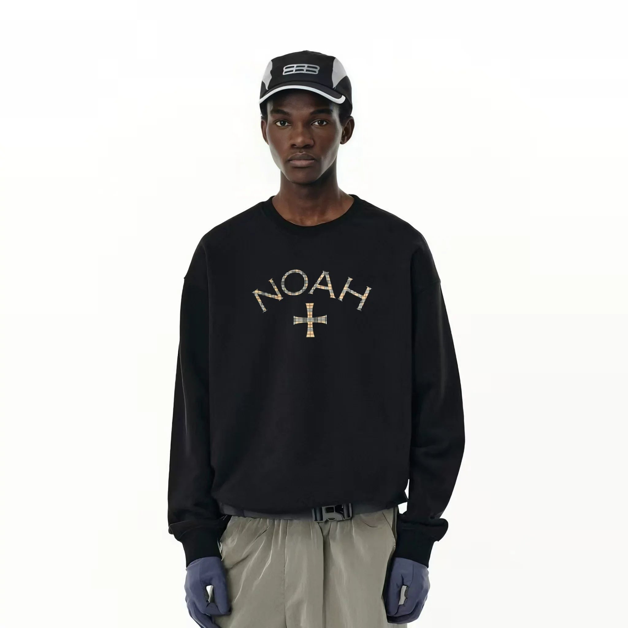 NOAH MARS Men Heavyweight Crew Sweatshirt Plaid Cross Thread Splicing