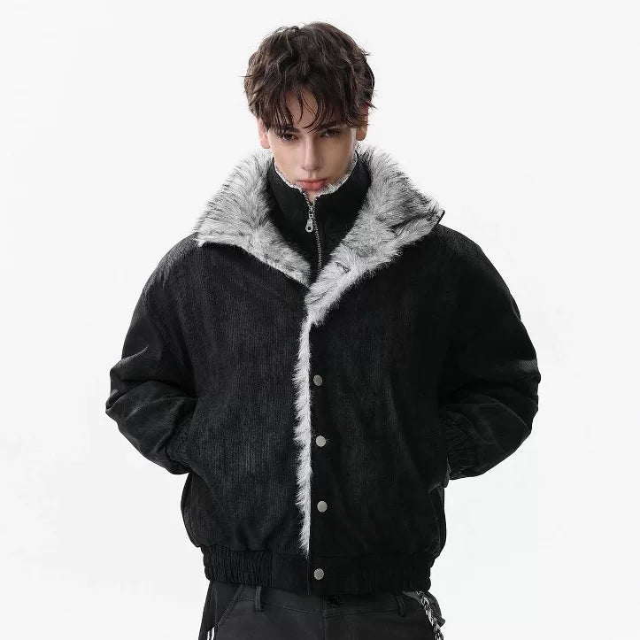 NOAH MARS Fur Collar Lapel Velvet Lined Mountain Print Men Winter Cotton Jacket Old Money