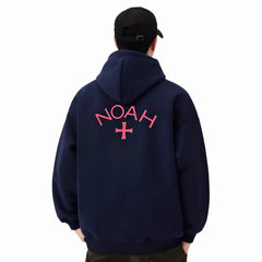 NOAH MARS Men Navy Velvet Splicing Hoodie First Gen Cross Autumn Winter