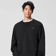 NOAH MARS Men Henley Black Soul Cross Embroidered Long Sleeve Tee