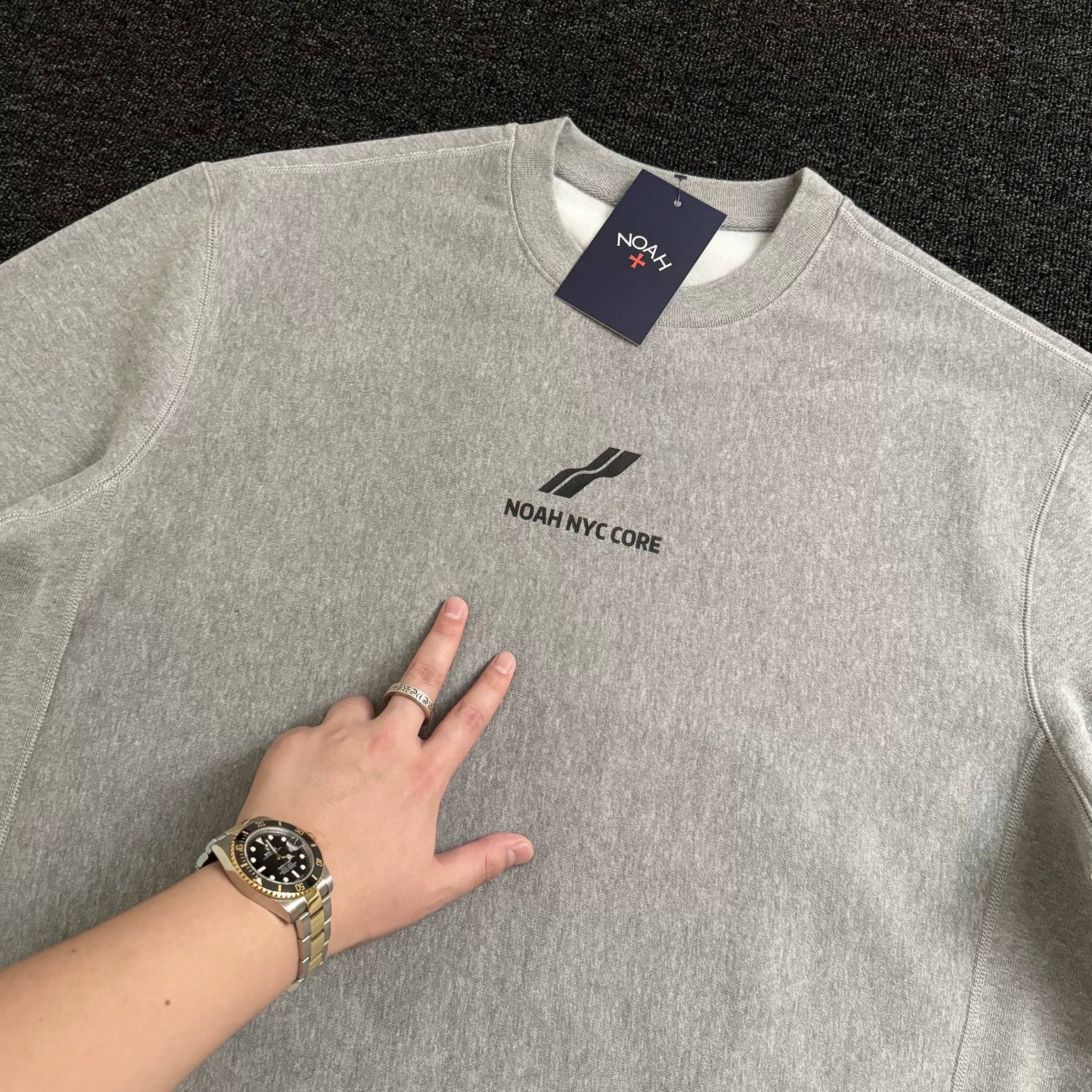 NOAH MARS Men Grey Thread Splice Crew Sweatshirt Two Bar Wave Print