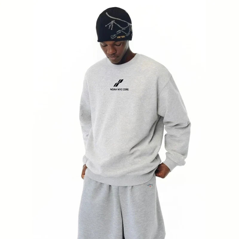 NOAH MARS Men Grey Thread Splice Crew Sweatshirt Two Bar Wave Print