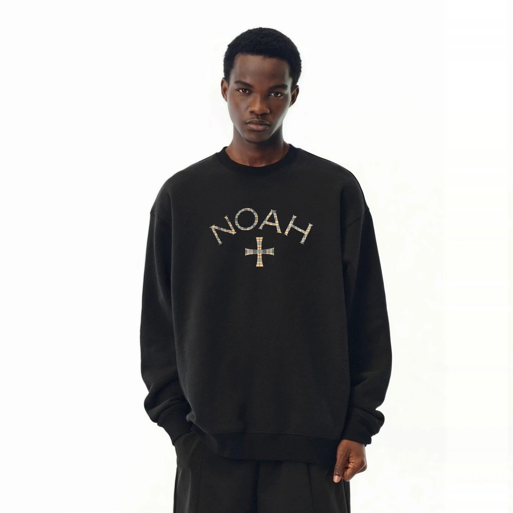 NOAH MARS Men Heavyweight Crew Sweatshirt Plaid Cross Thread Splicing